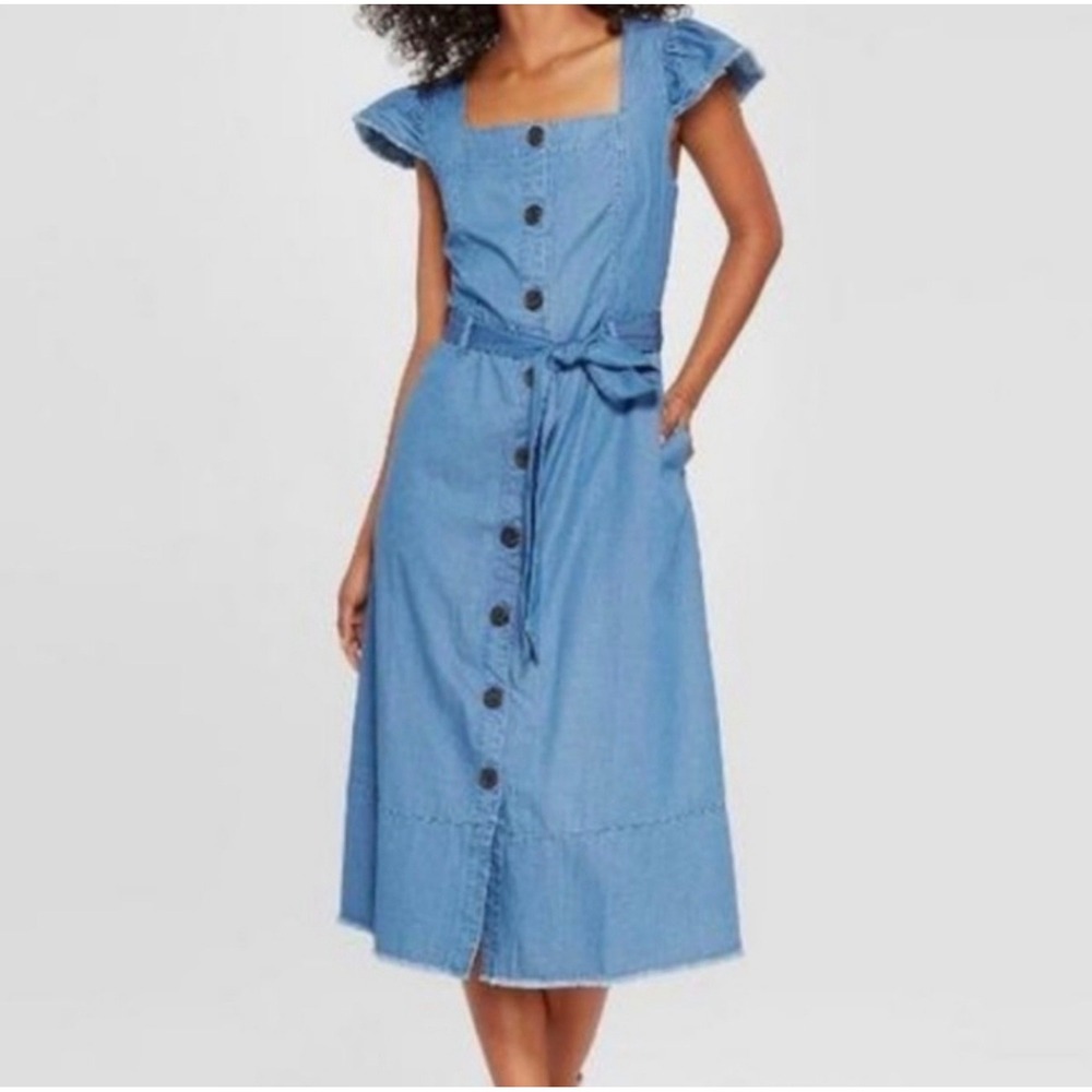 Who What Wear Denim Dress XS‎ Flutter Sleeve Frayed Button Front Western Coastal